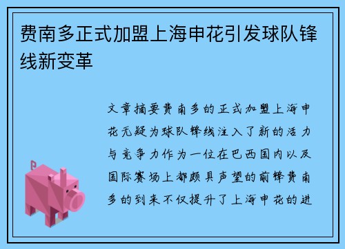 费南多正式加盟上海申花引发球队锋线新变革 费南多正式加盟上海申花引发球队锋线新变革