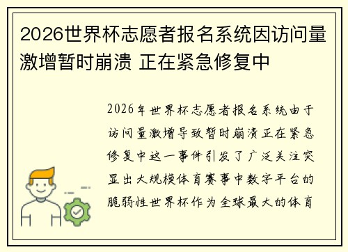 2026世界杯志愿者报名系统因访问量激增暂时崩溃 正在紧急修复中 2026世界杯志愿者报名系统因访问量激增暂时崩溃 正在紧急修复中